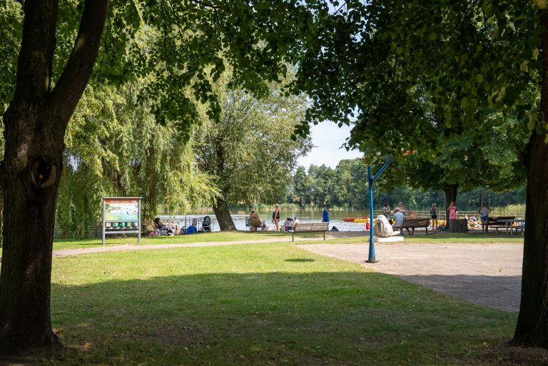 Fotografia przedstawiająca krzywińskie kąpielisko z perspektywy zaciemnienia drzewa.