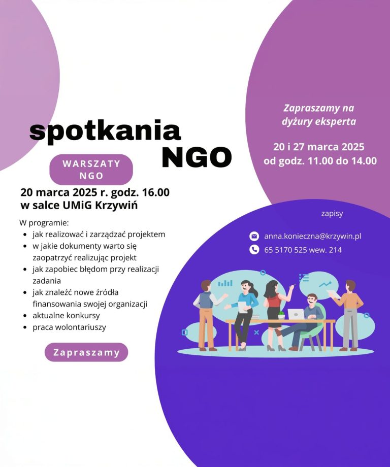 Grafika promująca warsztaty NGO organizowane 20 marca 2025 r. o godzinie 16:00 w sali UMiG Krzywiń. Tło w kolorach fioletowym i białym z ilustracją przedstawiającą grupę ludzi pracujących razem. W programie m.in. zarządzanie projektami, dokumentacja, finansowanie, konkursy i wolontariat. Podane są terminy dyżurów eksperta (20 i 27 marca, godz. 11:00-14:00) oraz dane kontaktowe do zapisów: e-mail anna.konieczna@krzywin.pl i telefon 65 5170 525 wew. 214.