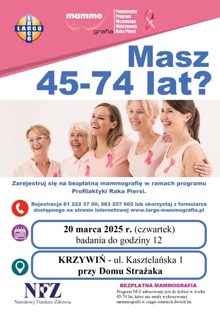 Plakat informacyjny o bezpłatnej mammografii w ramach programu NFZ. Nagłówek „Masz 45-74 lat?”. Zdjęcie czterech uśmiechniętych kobiet w różowych koszulkach i z różowymi wstążkami – symbolem walki z rakiem piersi. Informacja o dacie badania: 20 marca 2025 r. (czwartek), miejscu: Krzywiń, ul. Kasztelańska 1, przy Domu Strażaka, oraz godzinach badań do 12:00. Dane kontaktowe do rejestracji i strona internetowa. Logo NFZ i organizatorów programu.